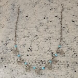 Silver Tone Metal Necklace with Blue Beads, Square Pendants, Cable Chain, Hook
